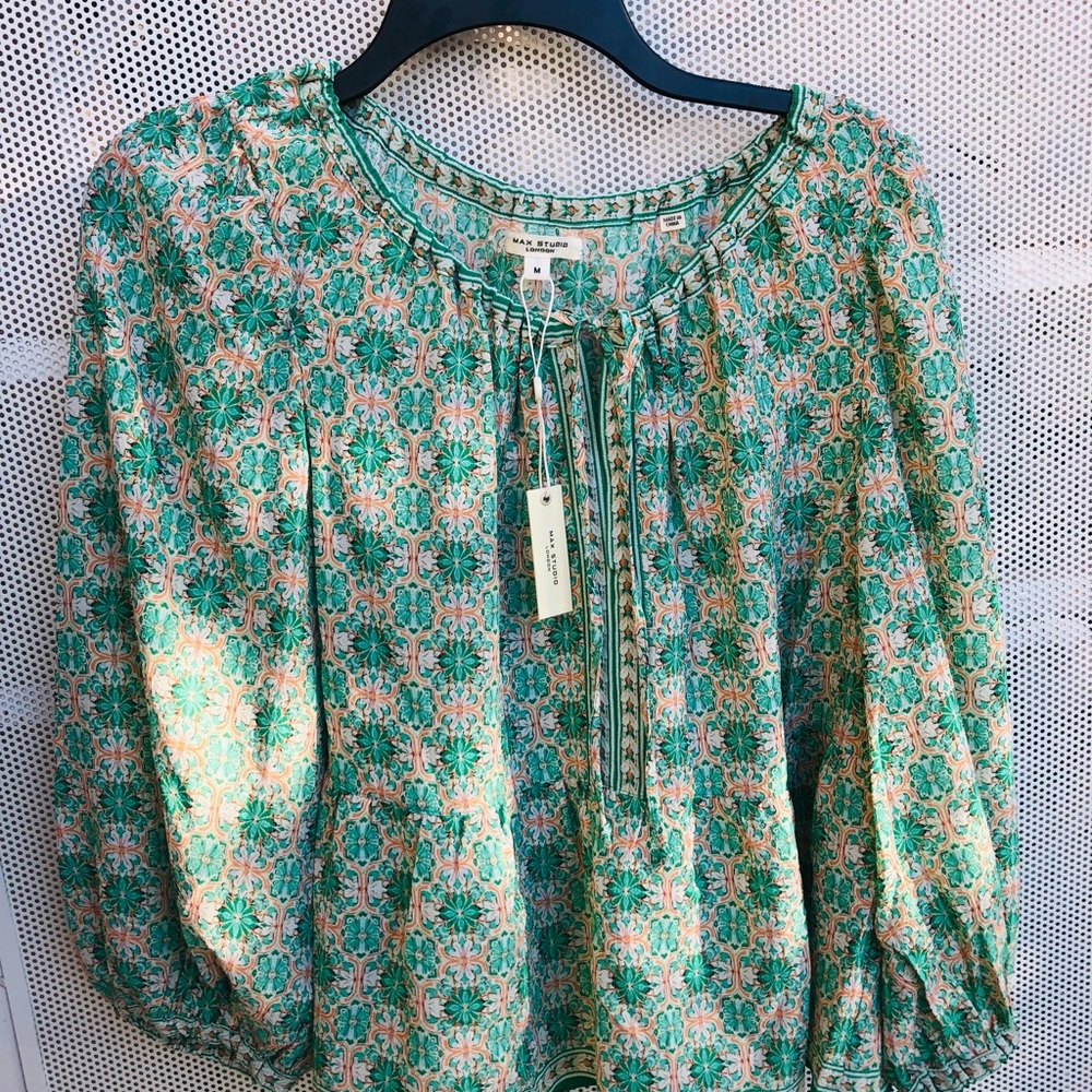 Floral Green Peasant Blouse - Women's  Top - Brand New With Tags! Size M